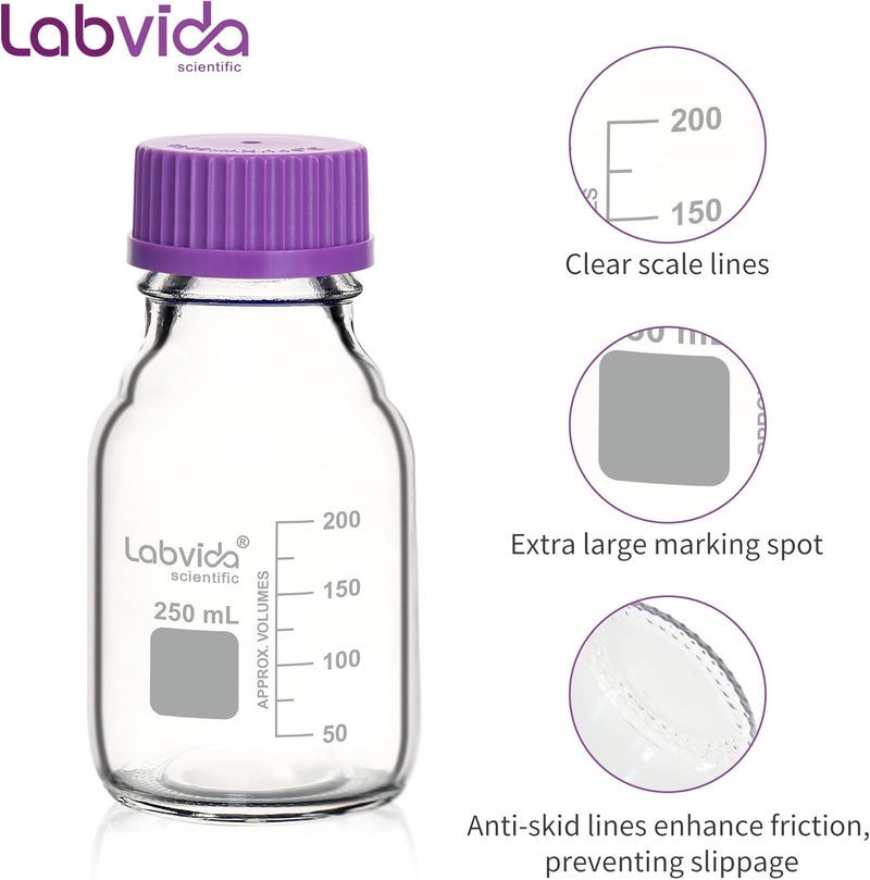 Labvida 4 pcs of 250ml Round Media Storage Bottles, with GL45 Screw Cap in Purple, 3.3 Borosilicate Reagent Bottles for Labs, Schools and Home Use Glass Bottles, LVAD003 - Image 5